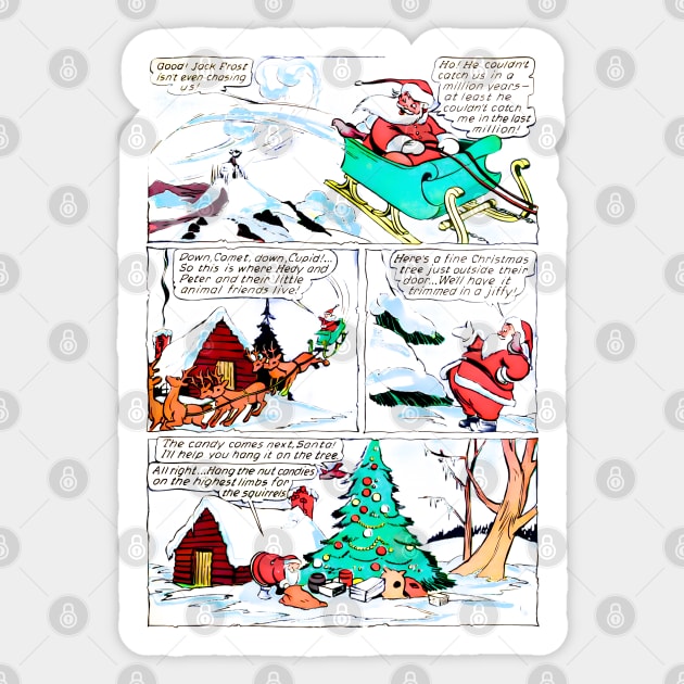 Santa Claus arrives in his sleigh with his reindeer friends to leave the gifts under the snow-filled Christmas tree Retro Vintage Comic Book Sticker by REVISTANGO